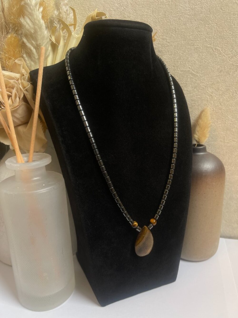 Artisan Genuine Tiger's Eye Teardrop Pendant Necklace Natural Hematite Beads 18"